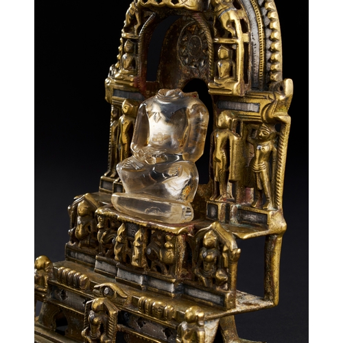 173 - A RARE AND IMPORTANT SOUTH INDIAN SILVER INALID BRASS OR BRONZE JAIN SHRINE WITH ROCK CRYSTAL DEITY,... 