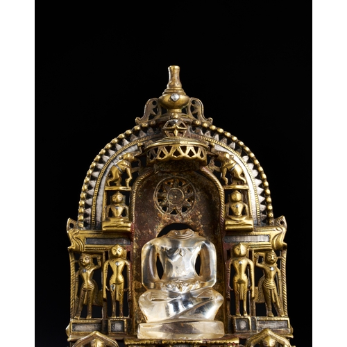 173 - A RARE AND IMPORTANT SOUTH INDIAN SILVER INALID BRASS OR BRONZE JAIN SHRINE WITH ROCK CRYSTAL DEITY,... 