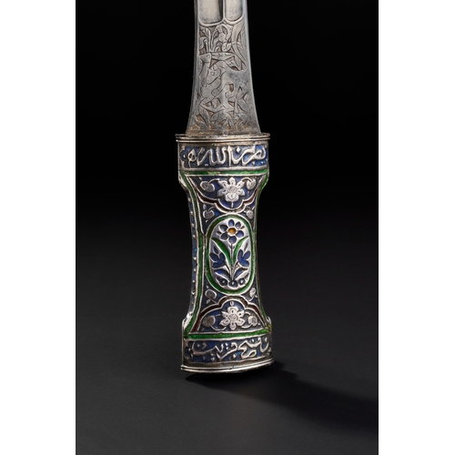 183 - A QAJAR ENAMELLED SILVER DAGGER WITH ENGRAVED WATERED STEEEL (WOOTZ) BALDE, PERSIA, 19TH CENTURY  Ex... 