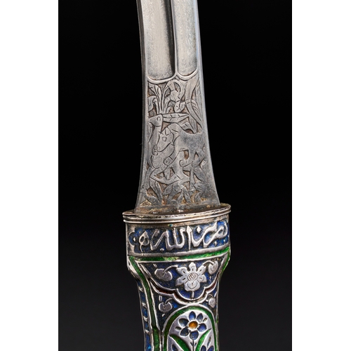 183 - A QAJAR ENAMELLED SILVER DAGGER WITH ENGRAVED WATERED STEEEL (WOOTZ) BALDE, PERSIA, 19TH CENTURY  Ex... 