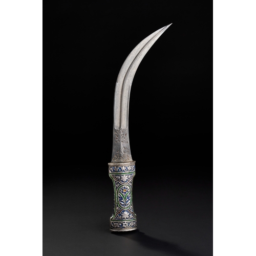 183 - A QAJAR ENAMELLED SILVER DAGGER WITH ENGRAVED WATERED STEEEL (WOOTZ) BALDE, PERSIA, 19TH CENTURY  Ex... 