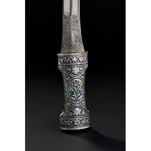 183 - A QAJAR ENAMELLED SILVER DAGGER WITH ENGRAVED WATERED STEEEL (WOOTZ) BALDE, PERSIA, 19TH CENTURY  Ex... 