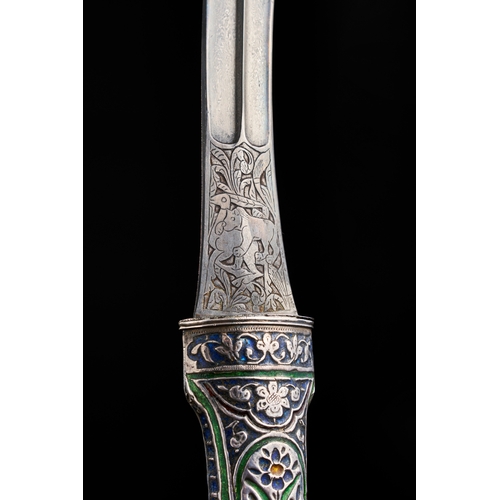 183 - A QAJAR ENAMELLED SILVER DAGGER WITH ENGRAVED WATERED STEEEL (WOOTZ) BALDE, PERSIA, 19TH CENTURY  Ex... 