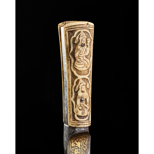 185 - AN EARLY 19TH CENTURY QAJAR BONE HILTED DAGGER WITH SILVER AND GOLD INALID WATERED STEEL BLADE An ea... 