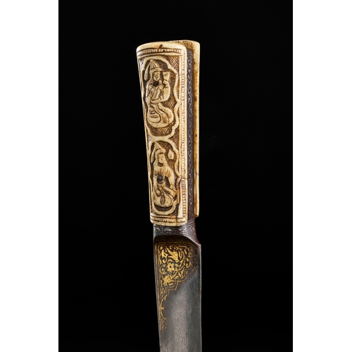 185 - AN EARLY 19TH CENTURY QAJAR BONE HILTED DAGGER WITH SILVER AND GOLD INALID WATERED STEEL BLADE An ea... 