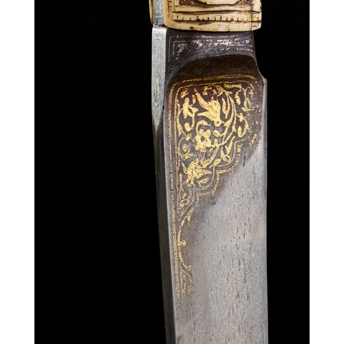 185 - AN EARLY 19TH CENTURY QAJAR BONE HILTED DAGGER WITH SILVER AND GOLD INALID WATERED STEEL BLADE An ea... 