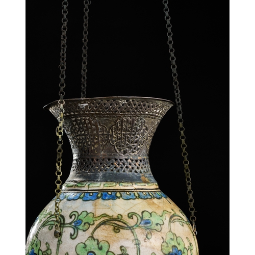 247 - A RARE OTTOMAN SYRIAN DAMASCUS GLAZED POTTERY MOSQUE LAMP, 16TH- 17TH CENTURY This exceptional Ottom... 