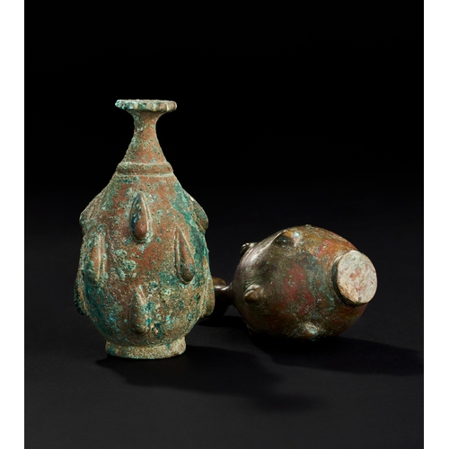 253 - TWO SELJUK BRONZE ROSEWATER SPRINKLERS, PERSIA, 12TH -13TH CENTURY  TWO SELJUK BRONZE ROSEWATER SPRI... 