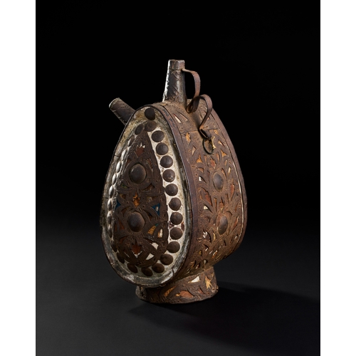 254 - A RARE IRON AND FABRIC OVERLAID WOODEN WATER FALSK (MATTARA), OTTOMAN, 17TH CENTURY  A RARE IRON AND... 