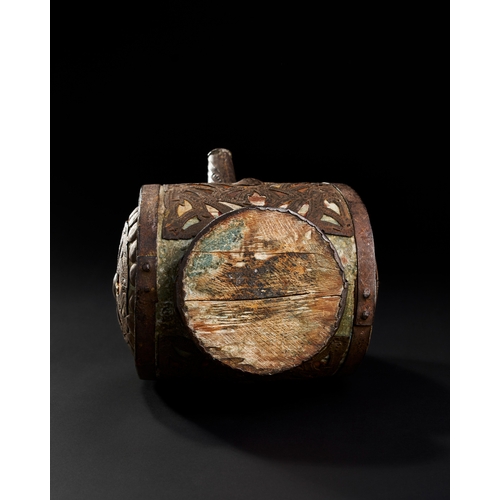 254 - A RARE IRON AND FABRIC OVERLAID WOODEN WATER FALSK (MATTARA), OTTOMAN, 17TH CENTURY  A RARE IRON AND... 