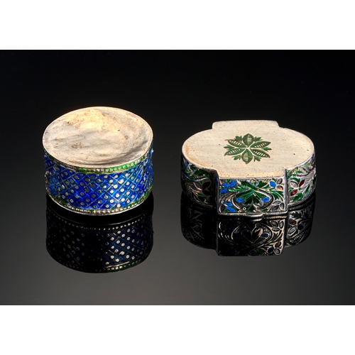 256 - TWO INDIAN LUCKNOW ENAMELLED SILVER SNUFF BOXES, 19TH CENTURY  TWO INDIAN LUCKNOW ENAMELLED SILVER S... 