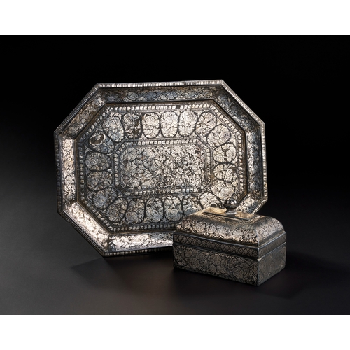 257 - A 19TH CENTURY INDIAN BIDRI SILVER INLAID PANDAN BOX ON A TRAY  A 19TH CENTURY INDIAN BIDRI SILVER I... 