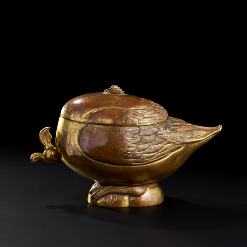 262 - A GILDED COPPER TOMBAK DUCK SHAPED SAMOVAR/POURING VESSEL, OTTOMAN TURKISH, 18TH - 19TH CENTURY  A r... 