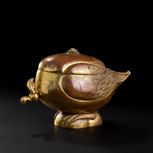 262 - A GILDED COPPER TOMBAK DUCK SHAPED SAMOVAR/POURING VESSEL, OTTOMAN TURKISH, 18TH - 19TH CENTURY  A r... 