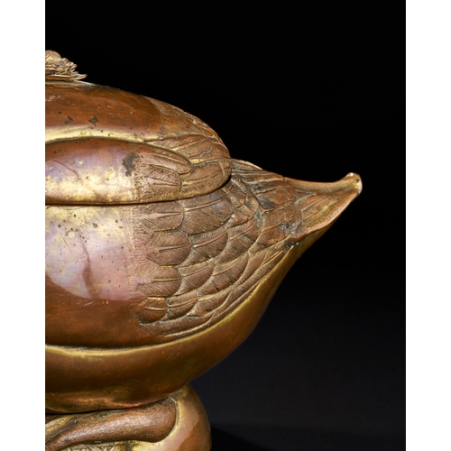 262 - A GILDED COPPER TOMBAK DUCK SHAPED SAMOVAR/POURING VESSEL, OTTOMAN TURKISH, 18TH - 19TH CENTURY  A r... 