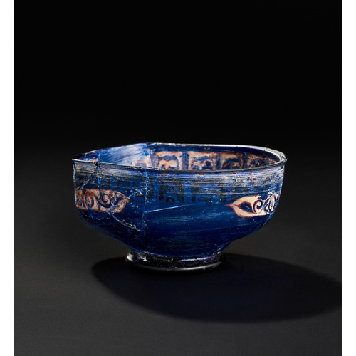 270 - A RARE MAMLUK ENAMELLED BLUE GLASS BOWL, 13TH -14TH CENTURY  A RARE MAMLUK ENAMELLED BLUE GLASS BOWL... 