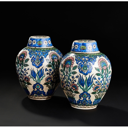 277 - A PAIR OF ORIENTALIST FRENCH SAMSON DAMASCUS STYLE LIDDED VASES, 19TH CENTURY  A PAIR OF ORIENTALIST... 