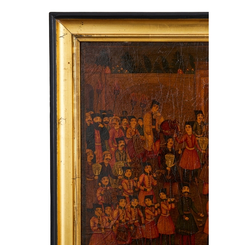 285 - A QAJAR LACQUER PAPIER-MACHE PANEL DEPICTING A WEDDING SCENE, 19TH CENTURY  A Qajar lacquer papier-m... 