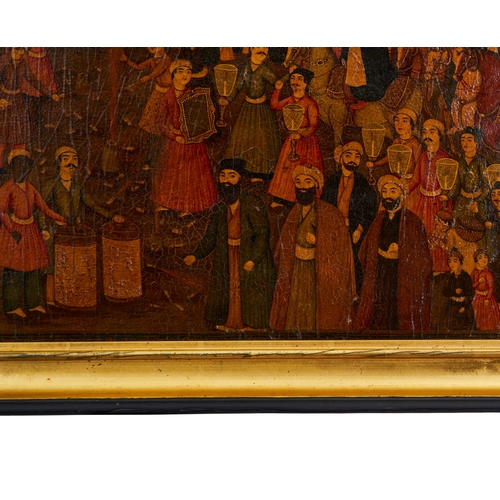 285 - A QAJAR LACQUER PAPIER-MACHE PANEL DEPICTING A WEDDING SCENE, 19TH CENTURY  A Qajar lacquer papier-m... 