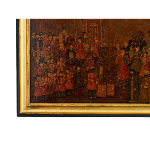 285 - A QAJAR LACQUER PAPIER-MACHE PANEL DEPICTING A WEDDING SCENE, 19TH CENTURY  A Qajar lacquer papier-m... 