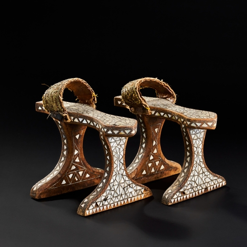 300 - A PAIR OF TALL OTTOMAN MOTHER-OF-PEARL-INLAID HAMMAM SLIPPERS (QABQAB), 19TH CENTURY A PAIR OF TALL ... 