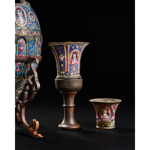 302 - A QAJAR ENAMELLED HUQQA BASE AND CUPS, 19TH CENTURY  A QAJAR ENAMELLED HOQQA BASE AND CUPS, 19TH CEN... 