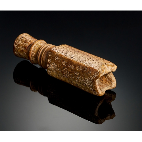 316 - A FATIMID ENGRAVED BONE PERFUM BOTTLE, EGYPT OR SYRIA, 10TH-11TH CENTURY of rectangular form on four... 