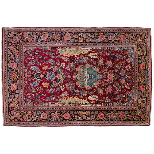 351 - ANTIQUE WOOL KASHAN RUG, 206 X 135CM  A picture of a building in the centre of the piece within a ro... 