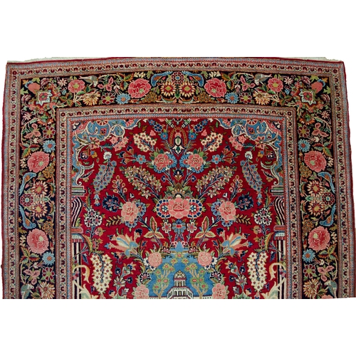 351 - ANTIQUE WOOL KASHAN RUG, 206 X 135CM  A picture of a building in the centre of the piece within a ro... 