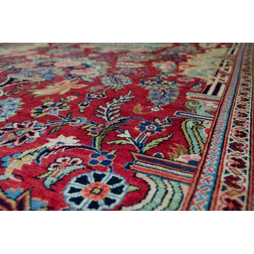 351 - ANTIQUE WOOL KASHAN RUG, 206 X 135CM  A picture of a building in the centre of the piece within a ro... 