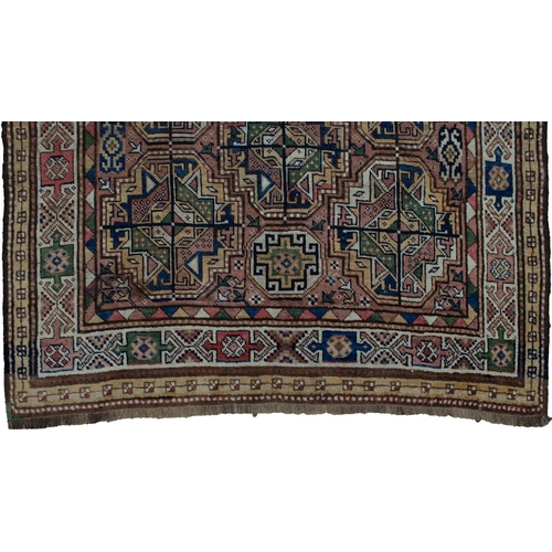 352 - ANTIQUE GHOOCHAN RUG, 211 X 142CM With cream border and the outer light yellow guard border pick up ... 