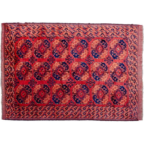 361 - LARGE ANTIQUE ERSARI CARPET, 300 X 198CM Three rows of large octagonal Guls are on a soft red ground... 