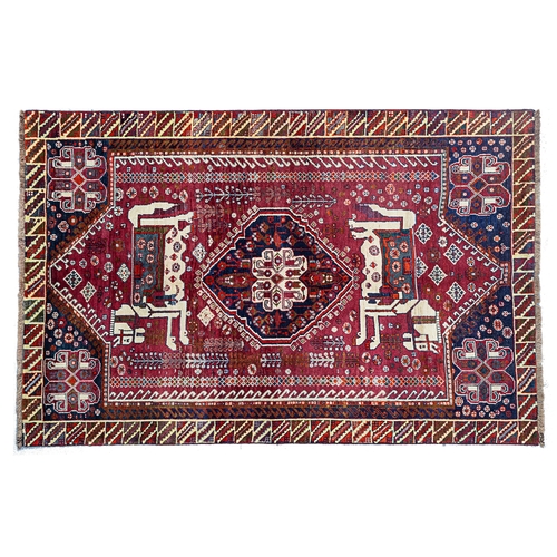 366 - VINTAGE QASHQAI RUG, 234 X 153CM  Charming vintage Qashqai rug featuring two large horses with beaut... 