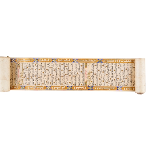 93 - AN ILLUMINATED QURAN SCROLL DATED 1323 HIJRI SIGNED ABDULHAMID BAK BIN SHAKIR ALZAHRANI ALHUMSY An i... 