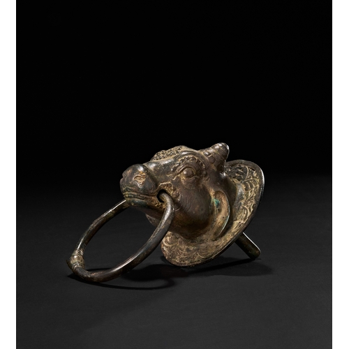 211 - A BRONZE DOOR KNOCKER IN THE SHAPE OF NANDI BULL, POSSIBLY TAMIL NADU, SOUTH INDIA, 17TH - 18TH CENT... 