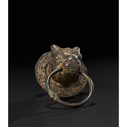 211 - A BRONZE DOOR KNOCKER IN THE SHAPE OF NANDI BULL, POSSIBLY TAMIL NADU, SOUTH INDIA, 17TH - 18TH CENT... 