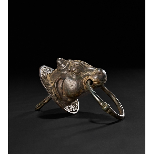 211 - A BRONZE DOOR KNOCKER IN THE SHAPE OF NANDI BULL, POSSIBLY TAMIL NADU, SOUTH INDIA, 17TH - 18TH CENT... 
