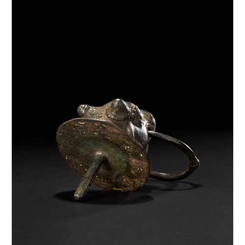 211 - A BRONZE DOOR KNOCKER IN THE SHAPE OF NANDI BULL, POSSIBLY TAMIL NADU, SOUTH INDIA, 17TH - 18TH CENT... 