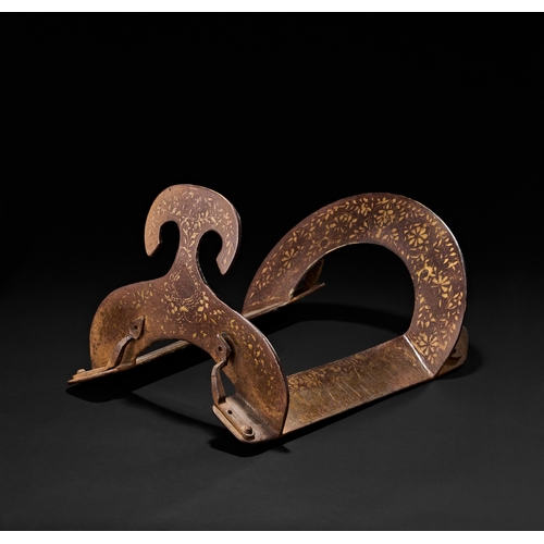 219 - A RARE INDO PERSIAN SILVER INLAID IRON SADDLE, 19TH CENTURYFeatures a distinctively arched seat and ... 