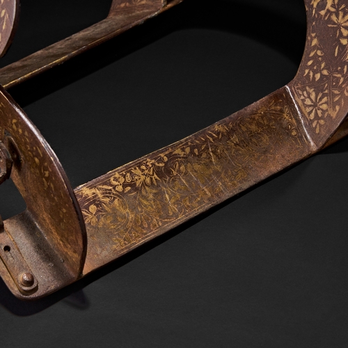 219 - A RARE INDO PERSIAN SILVER INLAID IRON SADDLE, 19TH CENTURYFeatures a distinctively arched seat and ... 