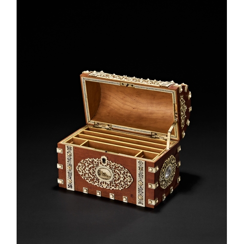 220 - AN ANGLO INDIAN VIZAGAPATAM IVORY OVERLAID SANDALWOOD DOMED CASKET, 19TH CENTURYWith a rounded lid, ... 
