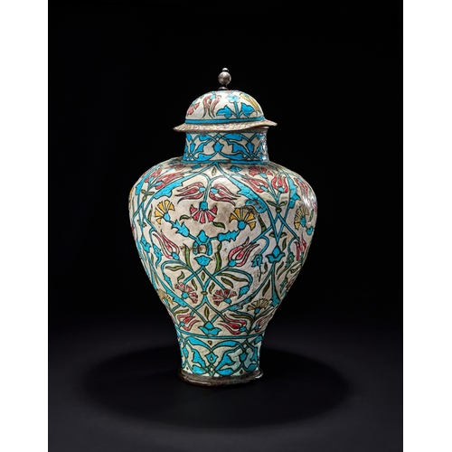224 - A LARGE DAMASCUS ENAMELLED COPPER LIDDED VASE, OTTOMAN SYRIA, 19TH CENTURYOf a baluster form with a ... 