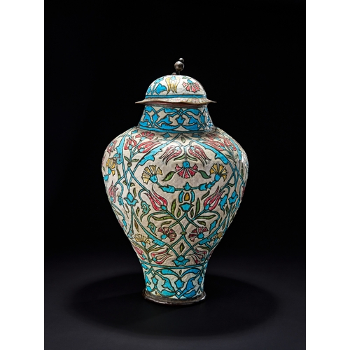 224 - A LARGE DAMASCUS ENAMELLED COPPER LIDDED VASE, OTTOMAN SYRIA, 19TH CENTURYOf a baluster form with a ... 