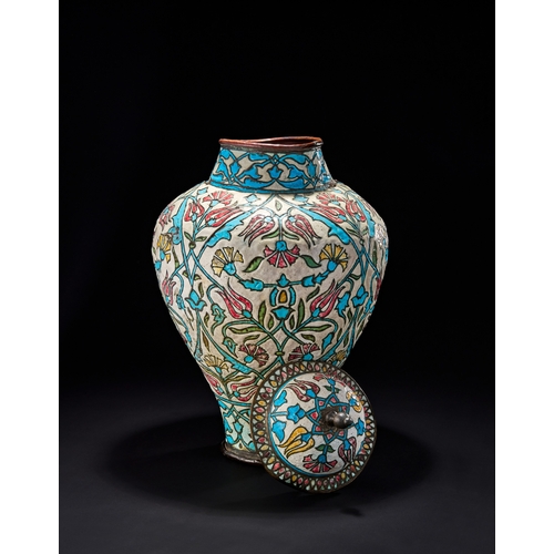 224 - A LARGE DAMASCUS ENAMELLED COPPER LIDDED VASE, OTTOMAN SYRIA, 19TH CENTURYOf a baluster form with a ... 