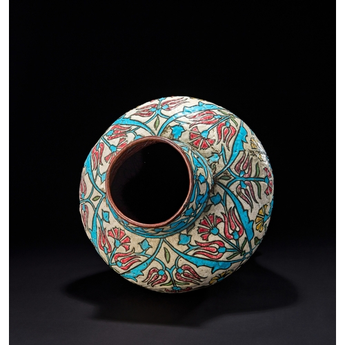 224 - A LARGE DAMASCUS ENAMELLED COPPER LIDDED VASE, OTTOMAN SYRIA, 19TH CENTURYOf a baluster form with a ... 