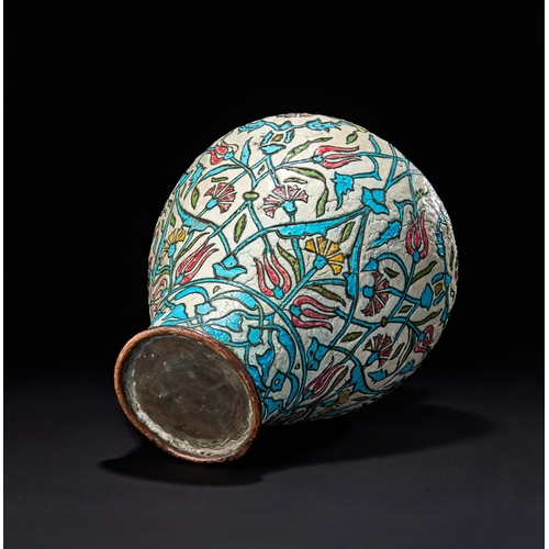 224 - A LARGE DAMASCUS ENAMELLED COPPER LIDDED VASE, OTTOMAN SYRIA, 19TH CENTURYOf a baluster form with a ... 