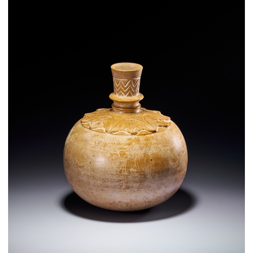 100 - A MARBLE MUGHAL STYLE HUQQA BASE, INDIA, 19TH CENTURY The form features a globular body with a round... 