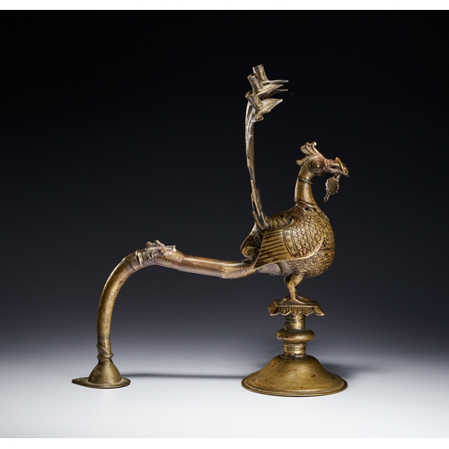 101 - A BRONZE INCENSE BURNER IN THE FORM OF A PEACOCK, INDIA DECCAN, 16TH CENTURY Constructed with a hing... 