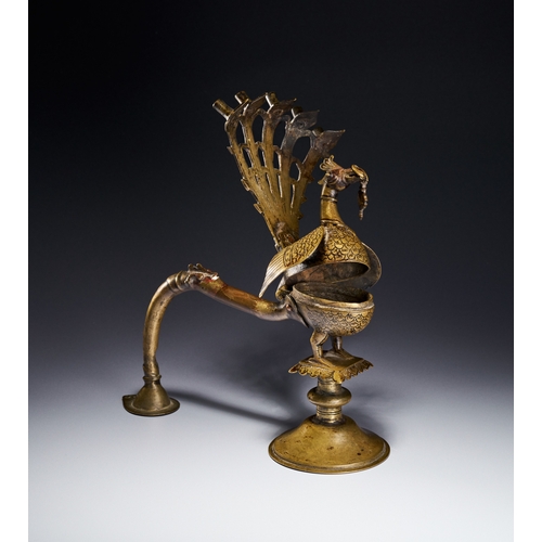 101 - A BRONZE INCENSE BURNER IN THE FORM OF A PEACOCK, INDIA DECCAN, 16TH CENTURY Constructed with a hing... 
