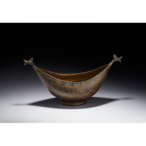 103 - A KASHMIRI LACQUERED PAPIER-MACHE KASHKUL BOWL, KASHMIR INDIA, 20TH CENTURY This kashkul, or boat-sh... 